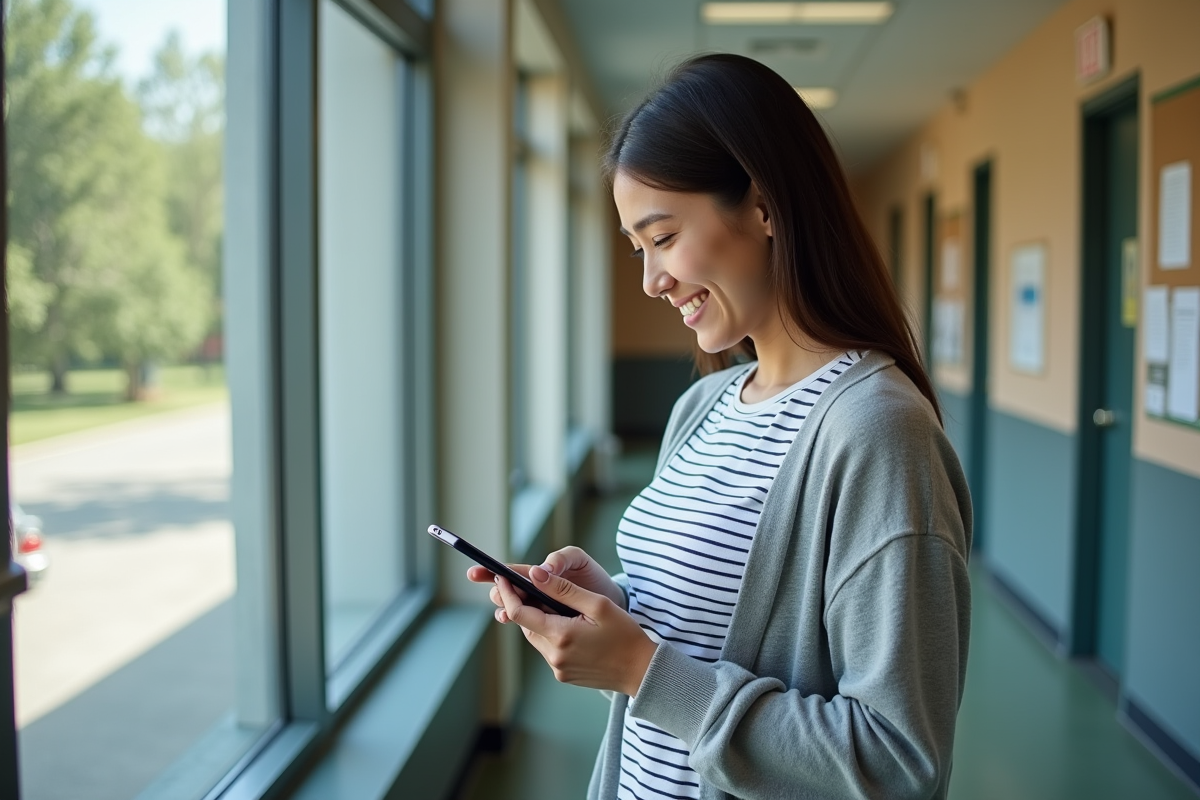 Jeune enseignante avec smartphone dans un couloir scolaire