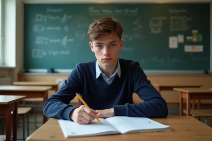 Jeune garçon concentré en classe avec livres de maths et physique