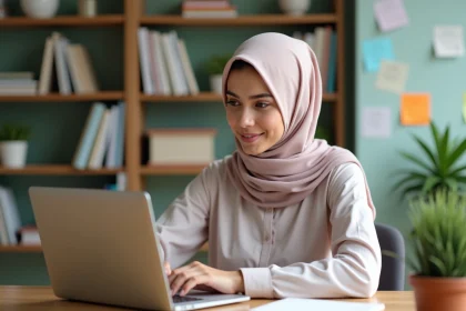 Jeune femme en hijab pastel pratique l'arabe sur son ordinateur