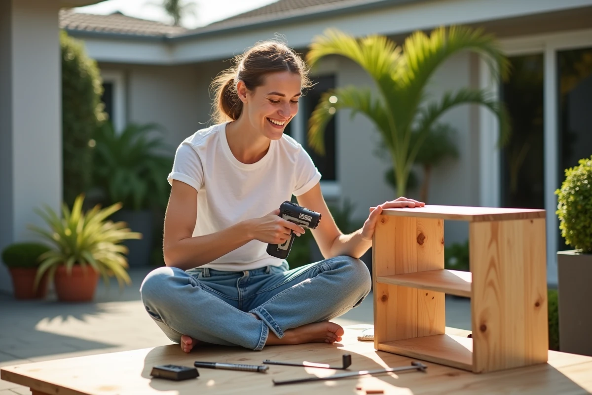 Jeune femme souriante assemble une petite étagère en extérieur
