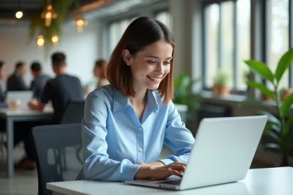 Jeune femme au bureau coworking consulte des offres d'emploi