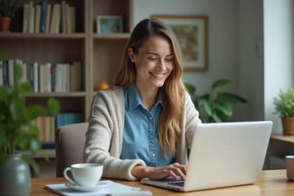 Jeune femme concentrée sur son ordinateur dans un bureau cosy