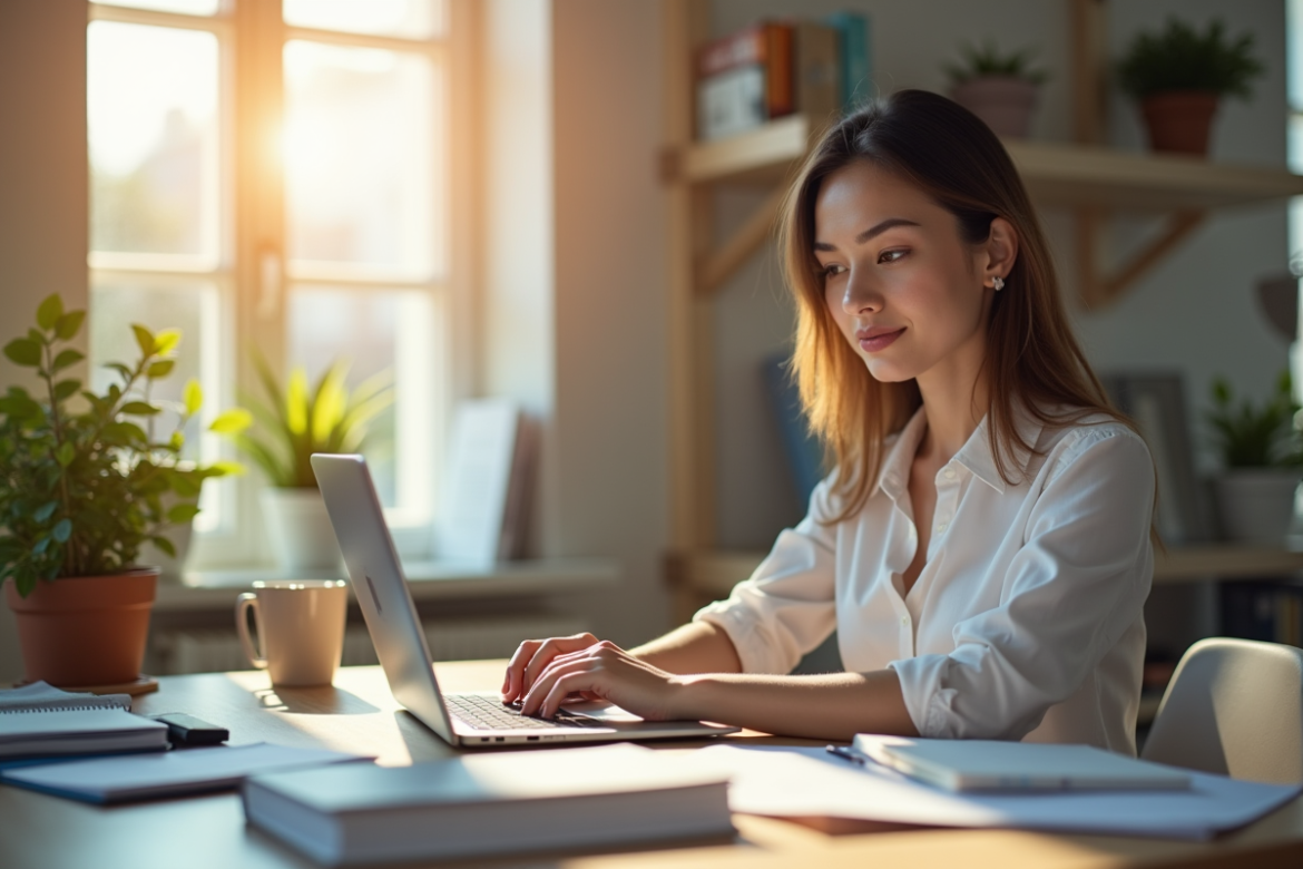 Jeune femme professionnelle travaillant sur un ordinateur dans un bureau lumineux