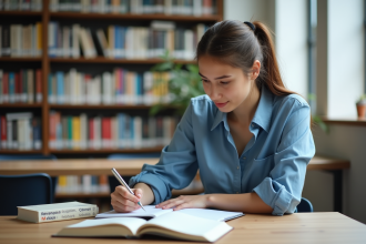 Jeune femme écrit une lettre dans une bibliothèque lumineuse