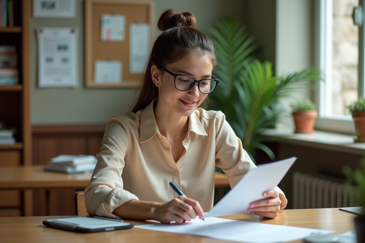Jeune femme enseignant assise à un bureau dans un salon