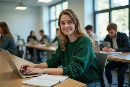 Jeune femme en université travaillant sur son ordinateur