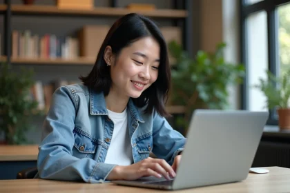 Jeune femme en denim utilisant un ordinateur portable dans un espace étudiant