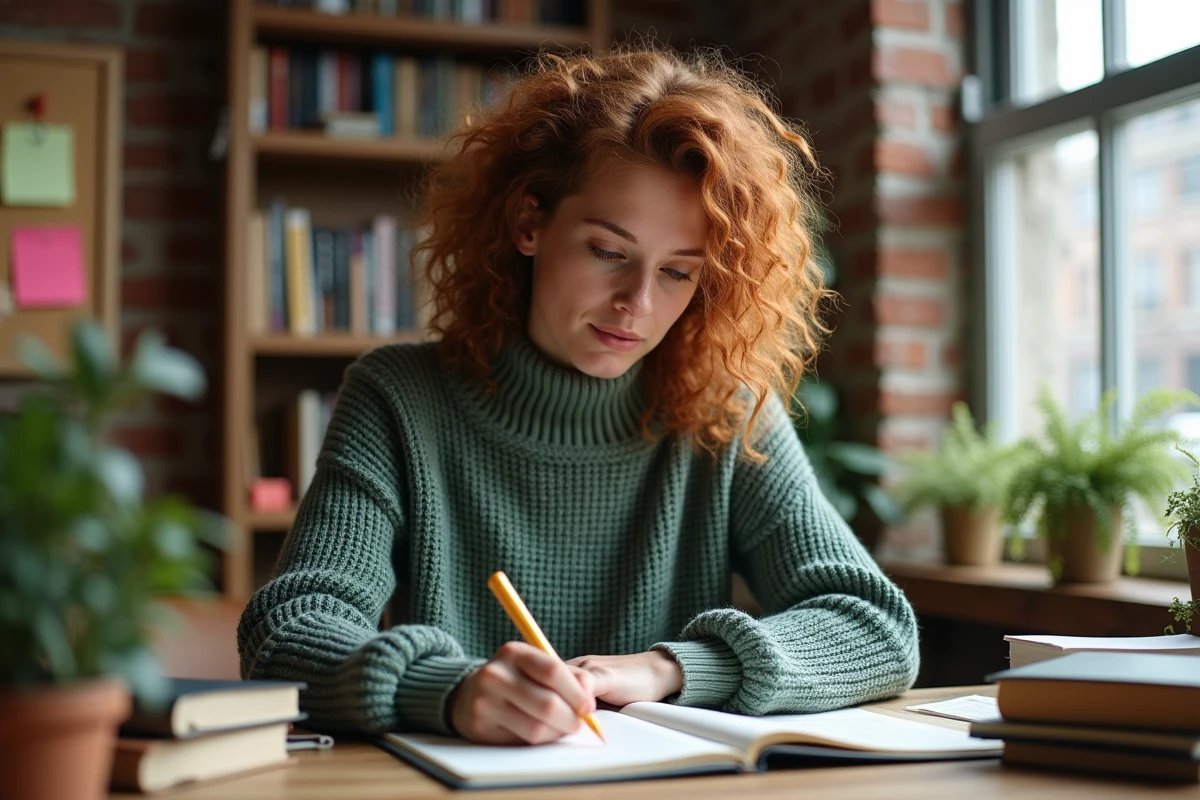 Jeune femme écrivant dans un journal dans un bureau à domicile chaleureux, illustrant la réflexion personnelle et la gestion de la peur de l'échec