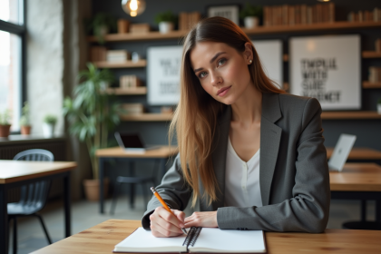 Jeune femme en coworking prenant des notes avec ambition