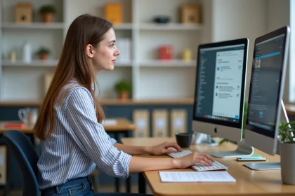 Jeune femme au bureau scolaire utilisant un ordinateur avec interface i Prof Dijon