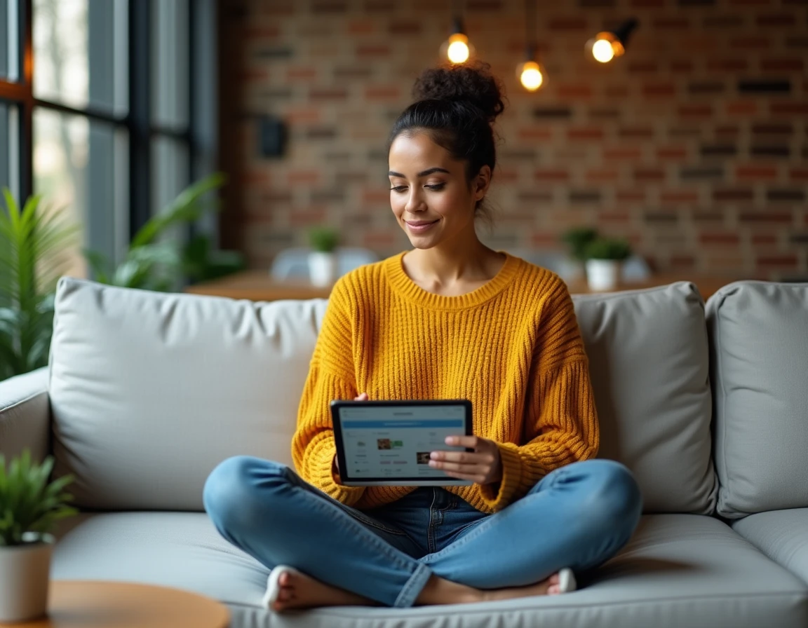 Jeune femme consultant une plateforme d'emailing marketing avec des options de segmentation d'apprenants sur une tablette dans un espace de coworking