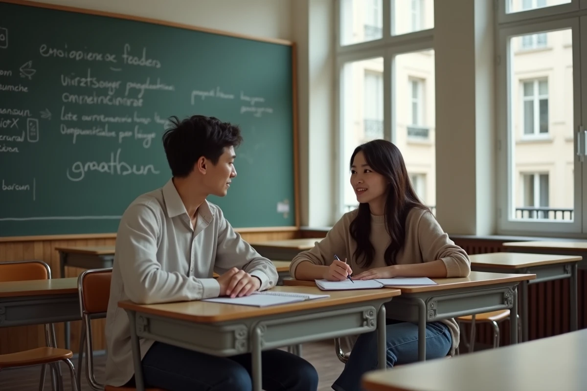 Jeune femme asiatique pratique le français avec un professeur à Paris