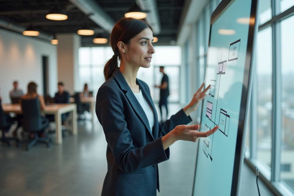 Jeune entrepreneure présentant des idées dans un espace hightech