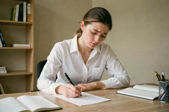 Jeune femme débutante rédigeant une lettre de motivation à la main sur un bureau en bois, environnement de bureau à domicile simple et réaliste