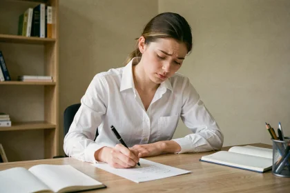 Jeune femme débutante rédigeant une lettre de motivation à la main sur un bureau en bois, environnement de bureau à domicile simple et réaliste