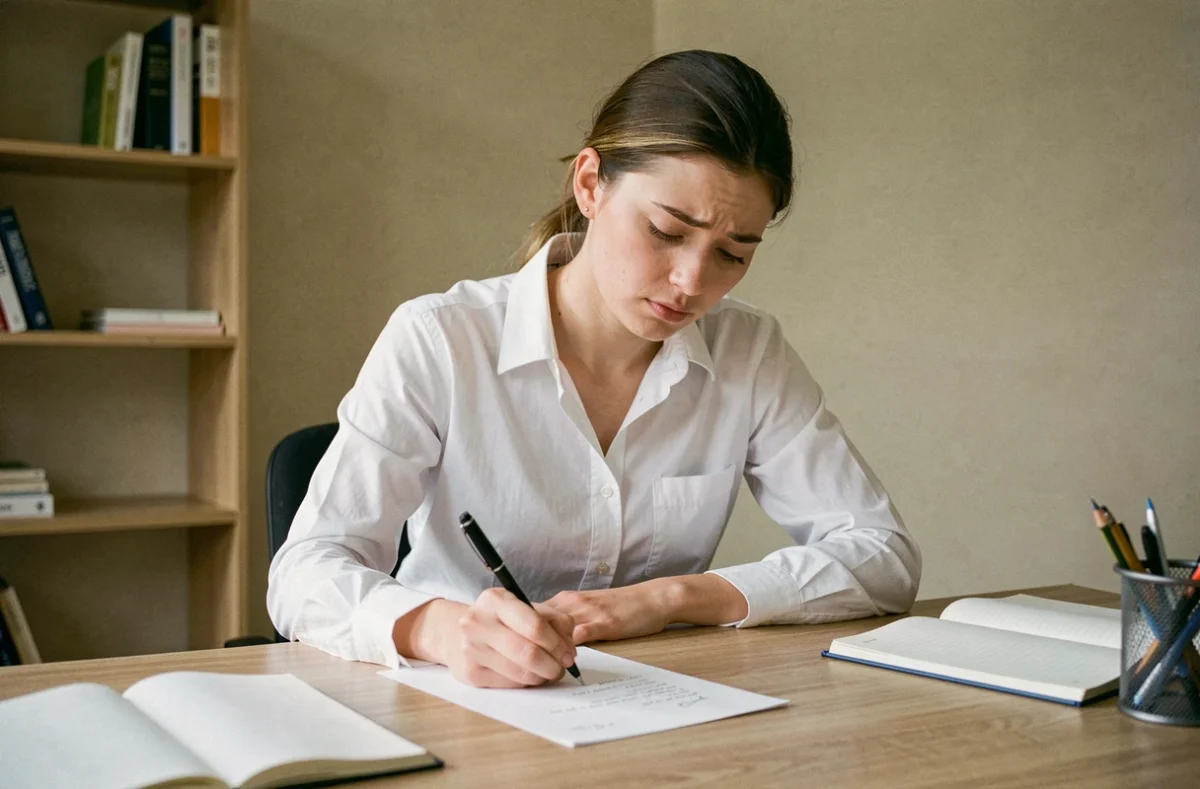 Jeune femme débutante rédigeant une lettre de motivation à la main sur un bureau en bois, environnement de bureau à domicile simple et réaliste