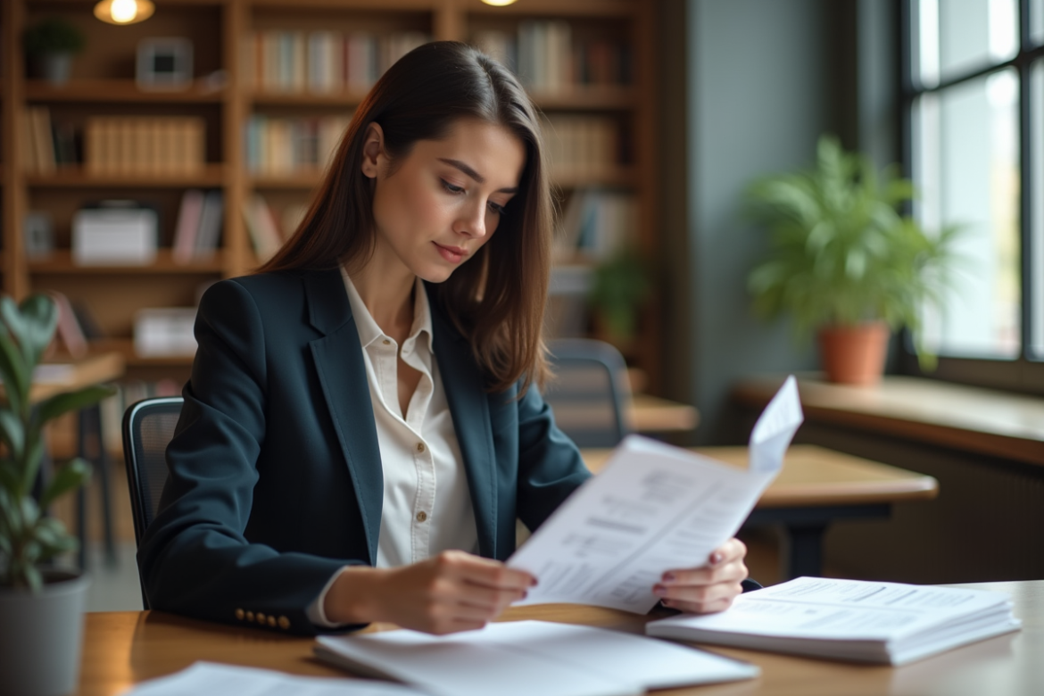 Jeune femme en blazer examine des brochures de formation