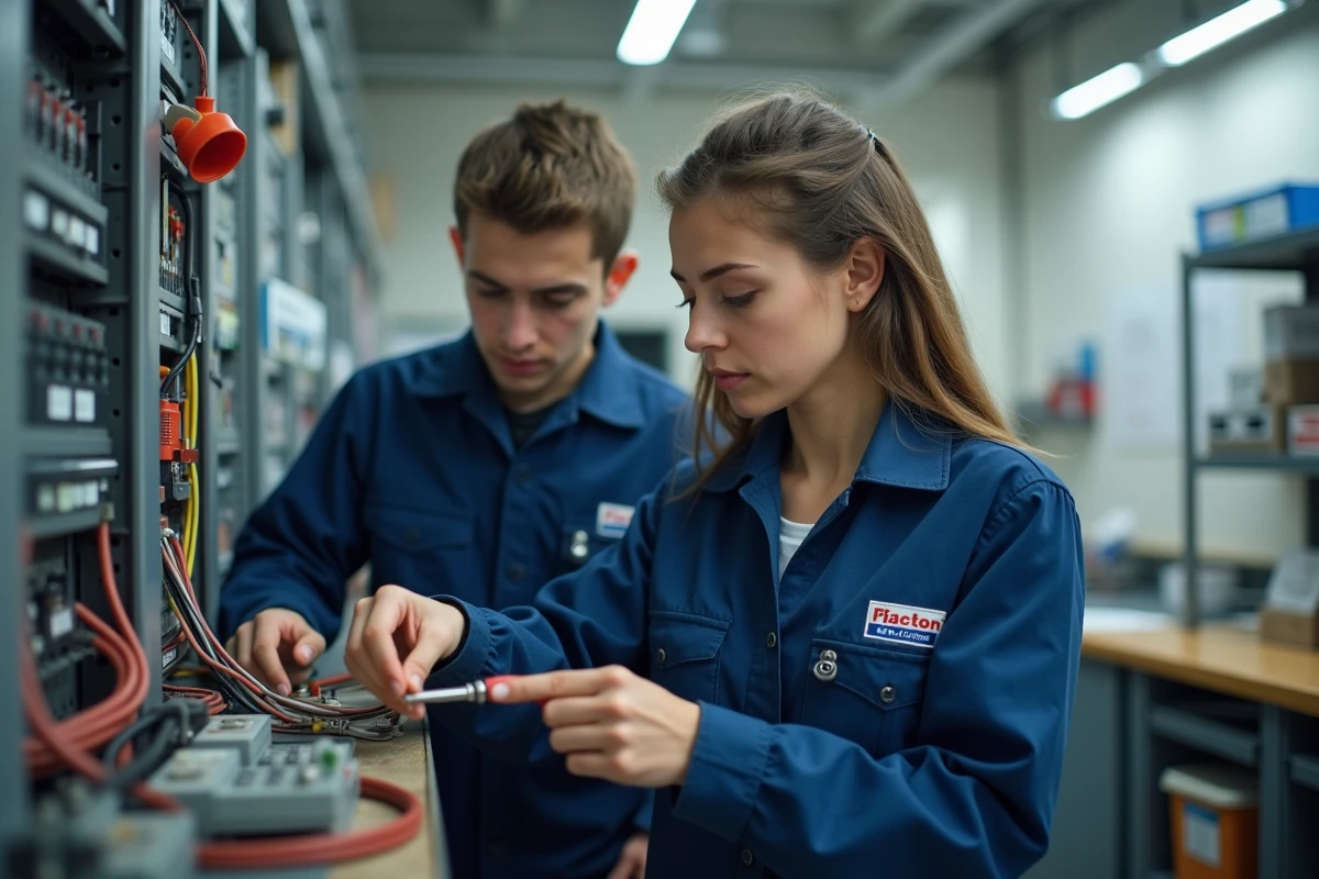 Jeune homme et femme en uniforme travaillant sur un panneau électrique