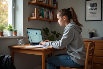 Jeune fille en hoodie travaillant sur son ordinateur à la maison