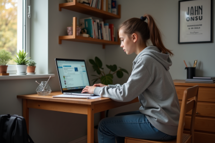 Jeune fille en hoodie travaillant sur son ordinateur à la maison