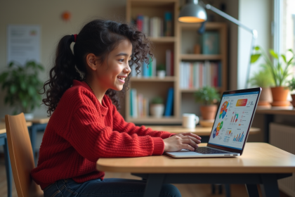 Jeune fille avec ordinateur en classe moderne