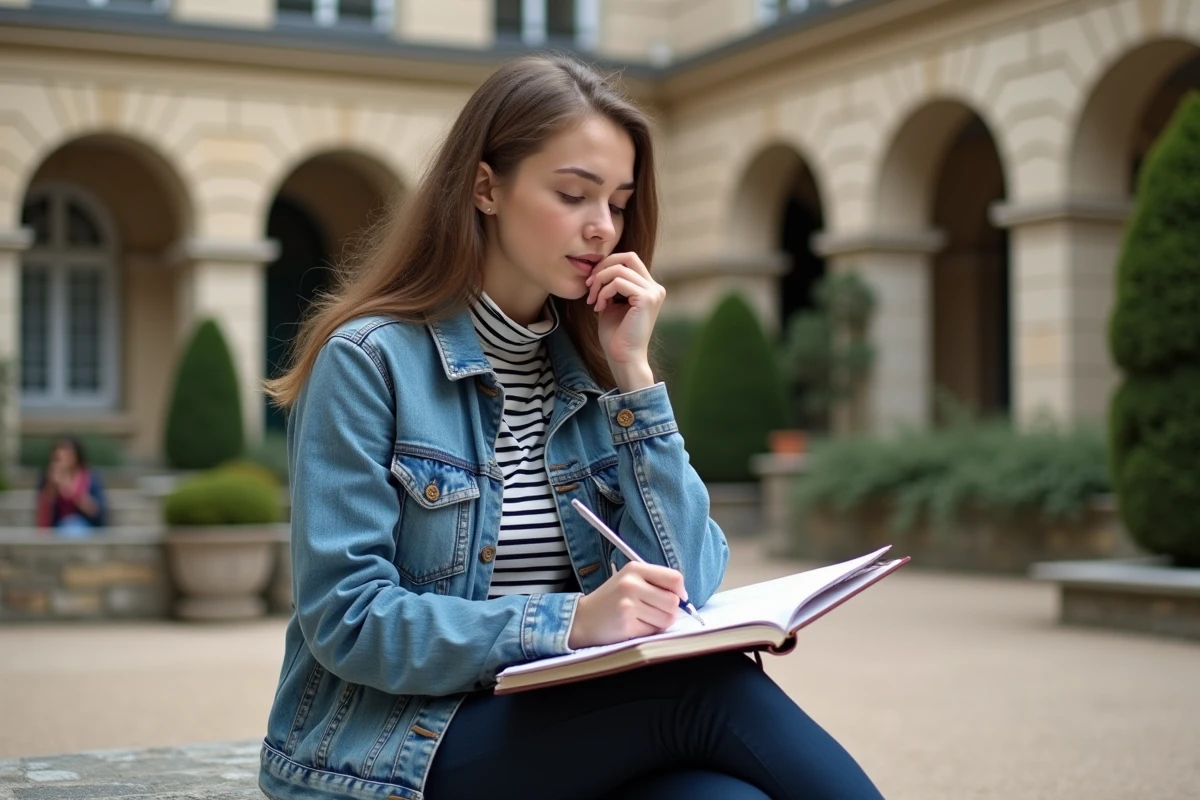 Jeune femme prenant des notes dans un campus parisien