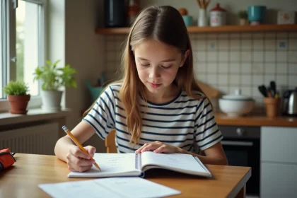 Jeune fille en tshirt rayé lisant une liste de verbes français