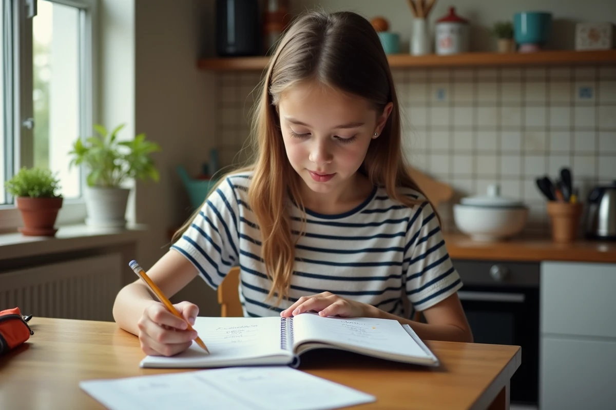 Jeune fille en tshirt rayé lisant une liste de verbes français