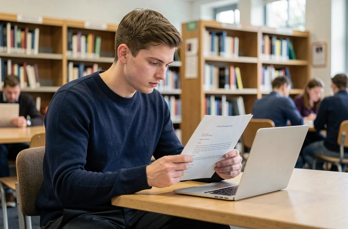 Jeune homme sans expérience consultant un exemple de lettre de motivation imprimée dans une bibliothèque universitaire avec un ordinateur portable ouvert