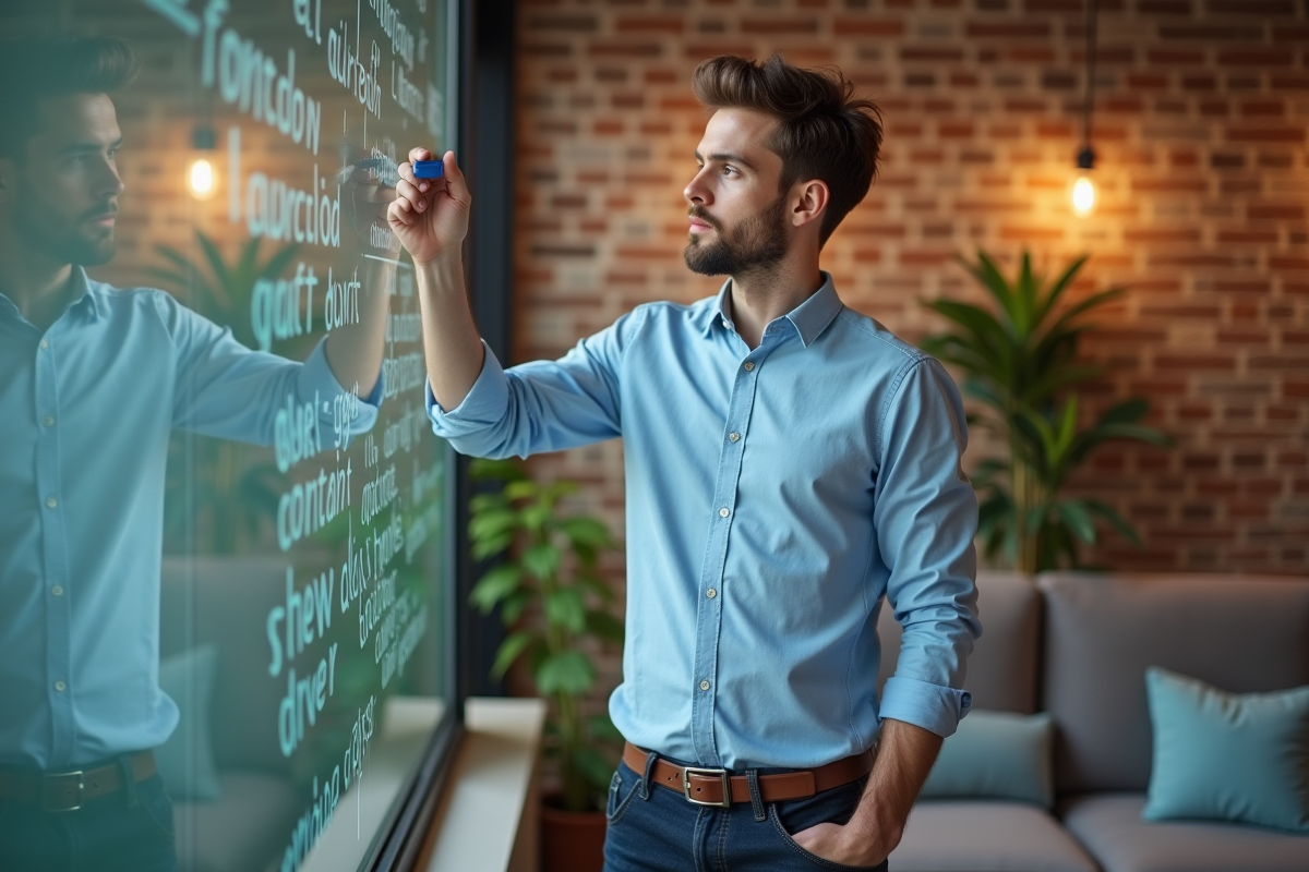Jeune homme en brainstorming dans un espace créatif