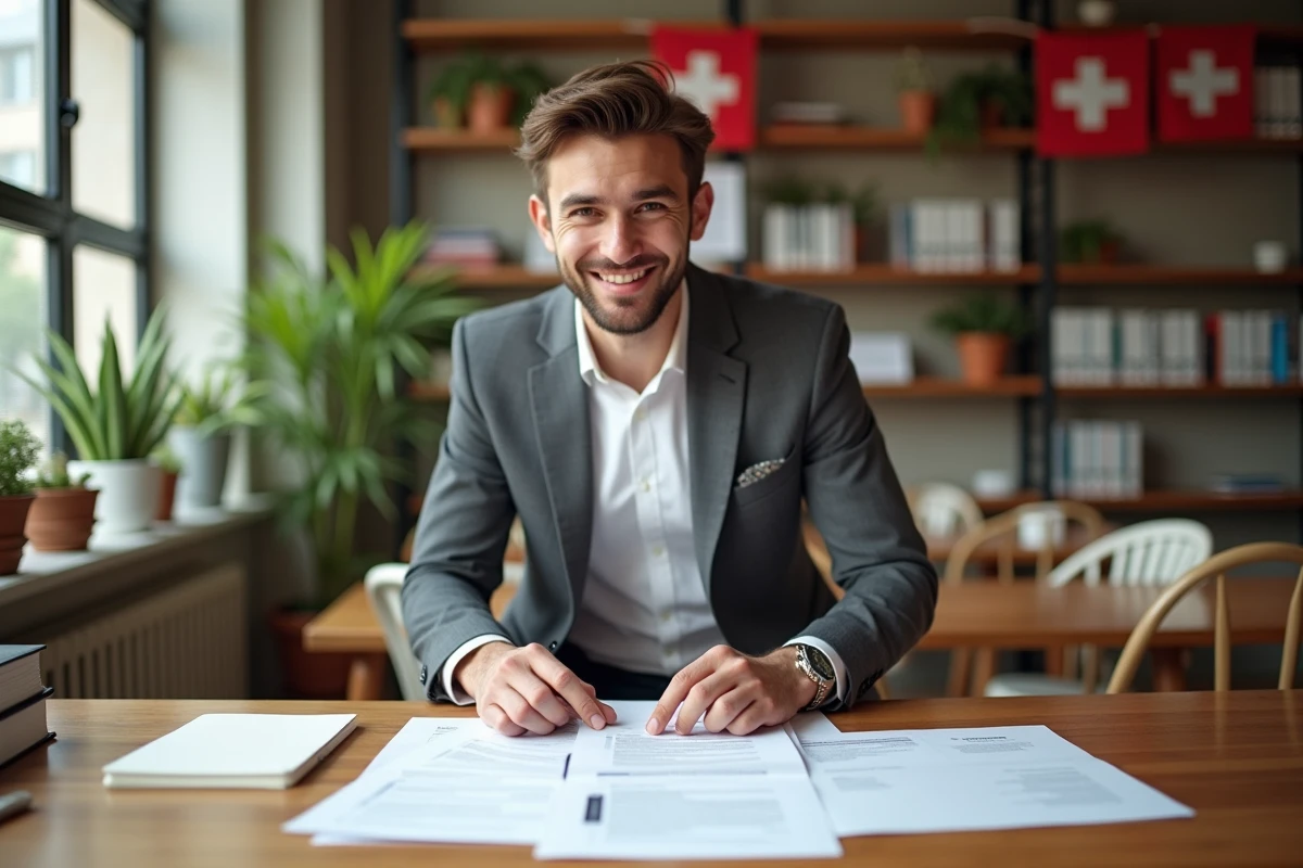 Jeune homme arrangeant certificats dans espace lumineux