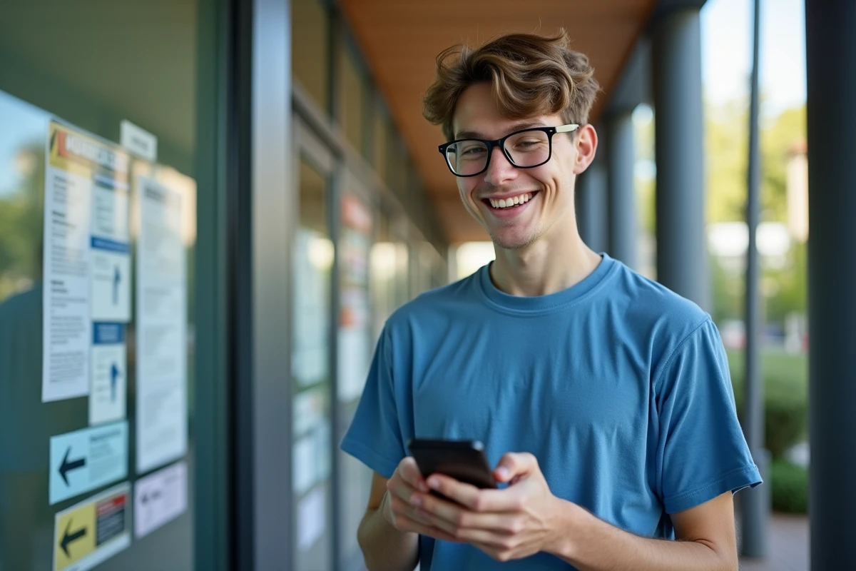 Jeune homme souriant utilisant son smartphone à l