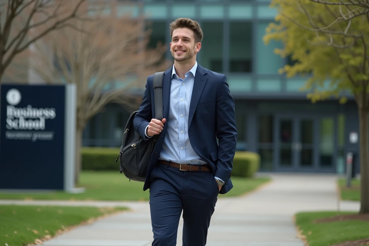 Jeune homme en costume marchant devant un campus moderne