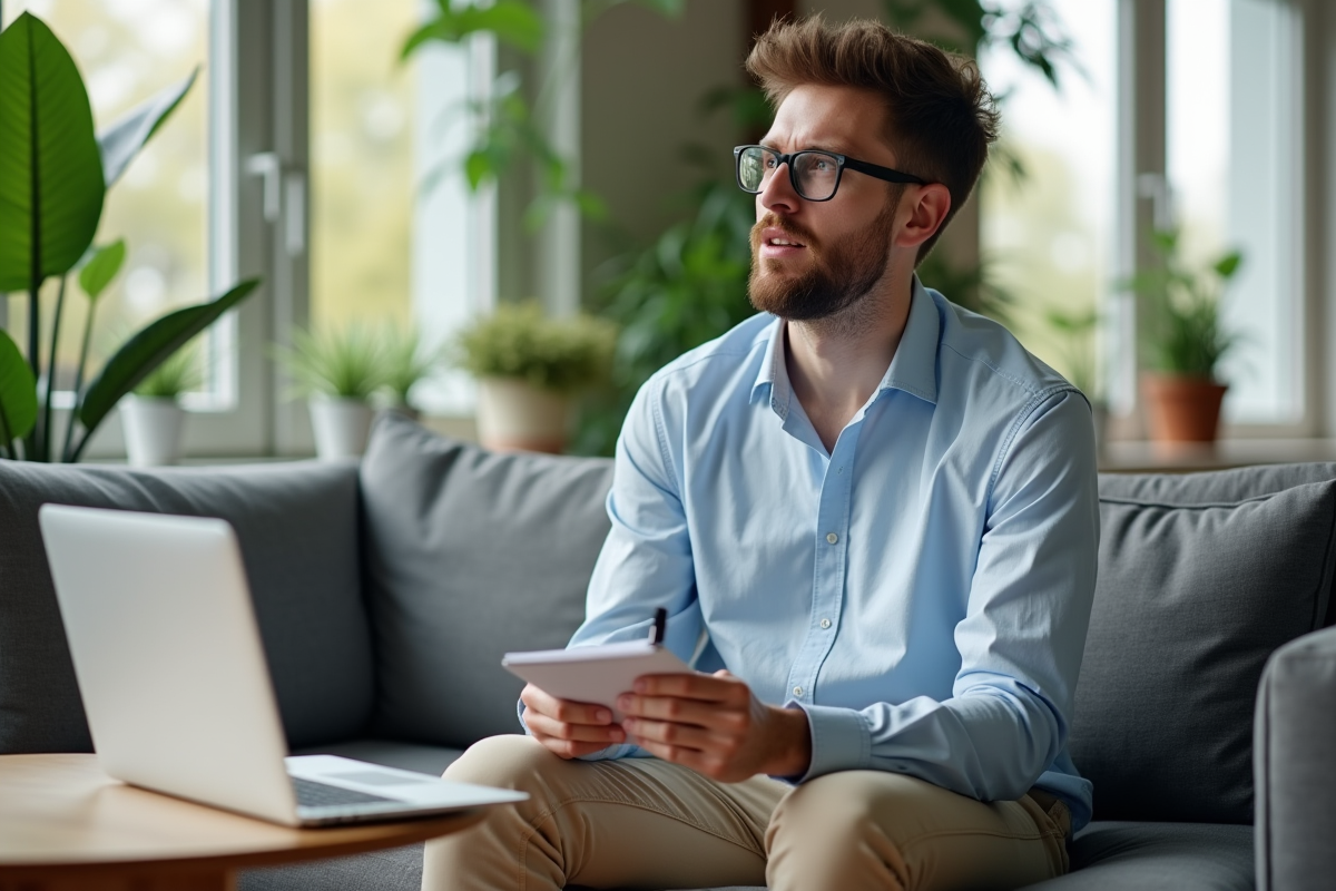 Jeune homme attentif dans un espace de travail à domicile