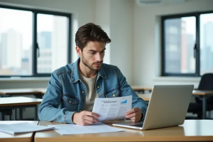 Jeune homme en formation regardant des brochures éducatives