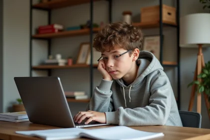 Adolescent concentré sur son ordinateur portable à la maison