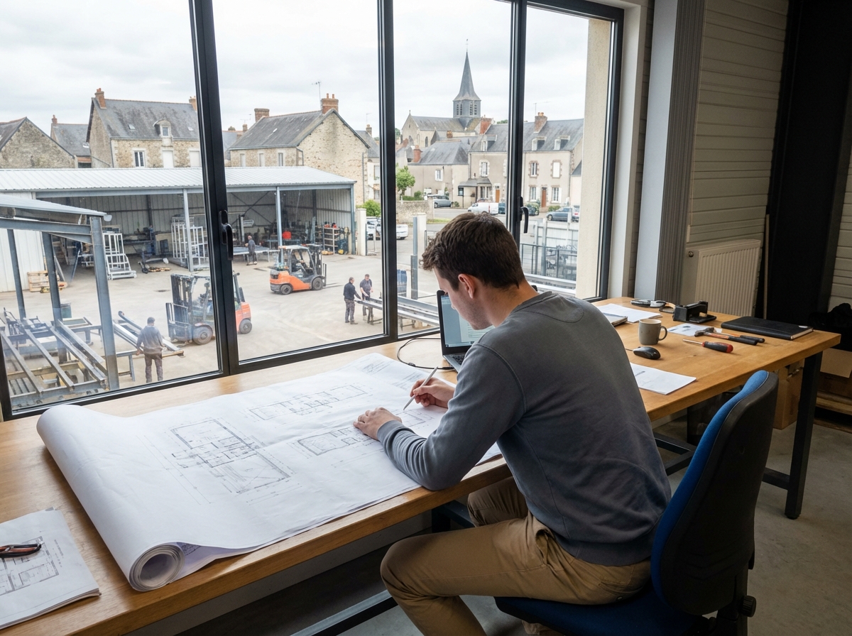 Jeune ingénieur dans son bureau avec vue sur l usine