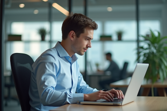 Jeune homme internant concentré au bureau avec ordinateur