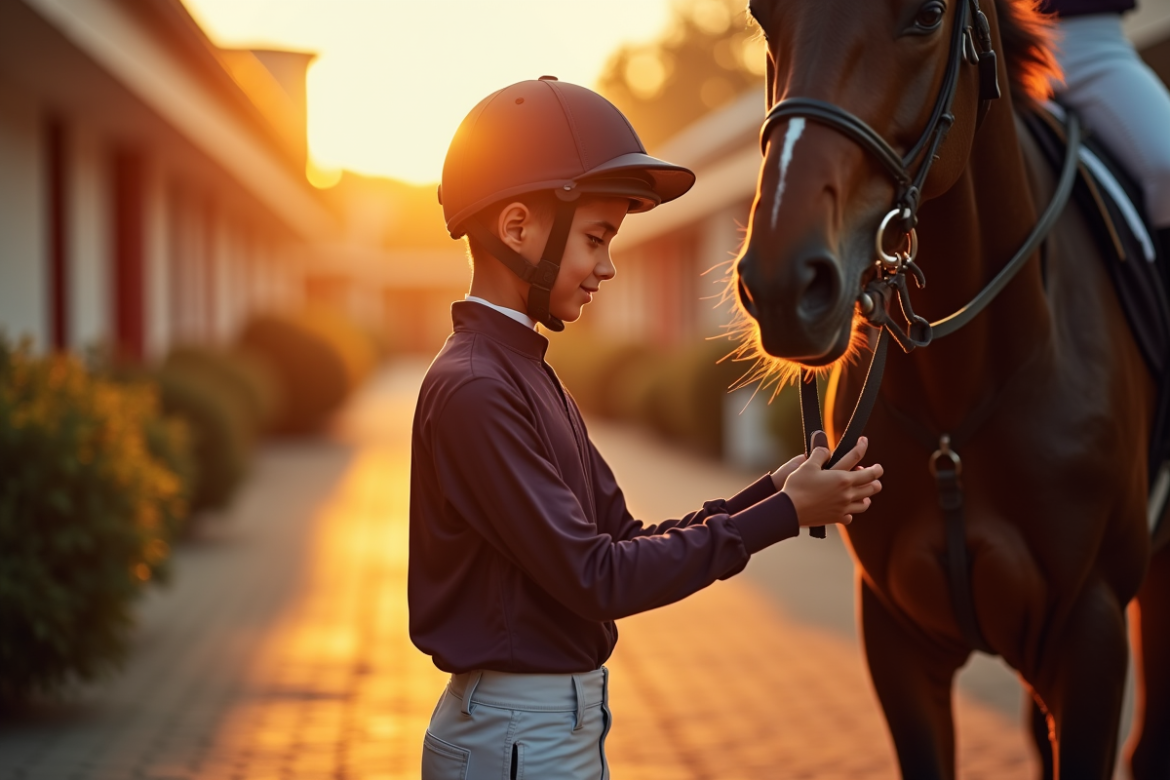 Jeune jockey ajustant ses étriers au lever du soleil