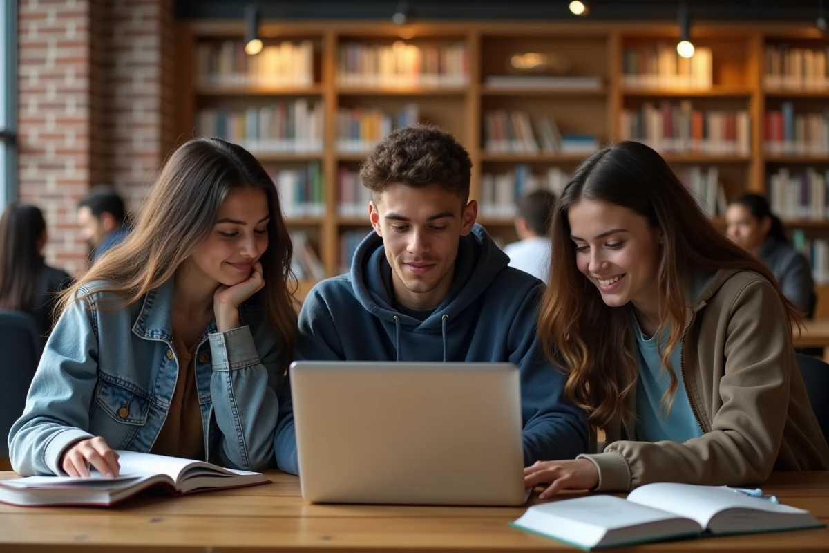 Groupe de jeunes adultes à l'université passant des tests de QI en ligne sur des ordinateurs portables dans une bibliothèque universitaire