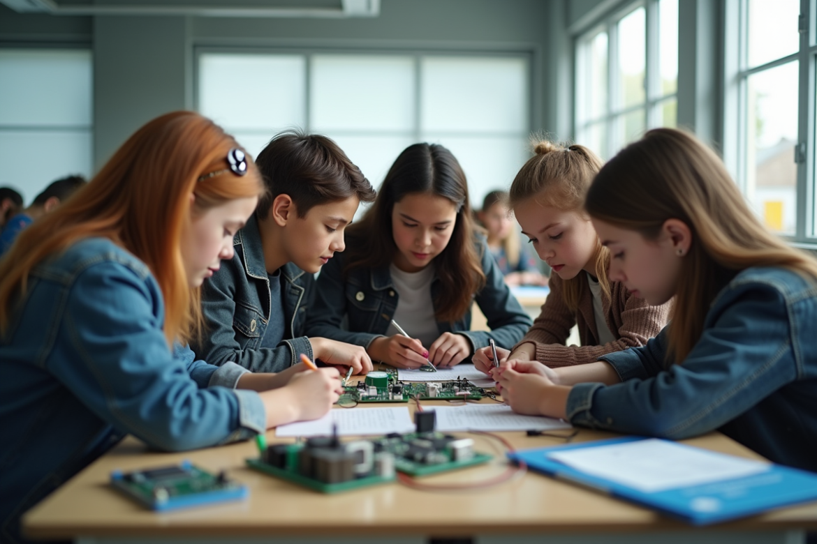 Groupe d'étudiants travaillant sur des circuits électroniques dans une salle lumineuse
