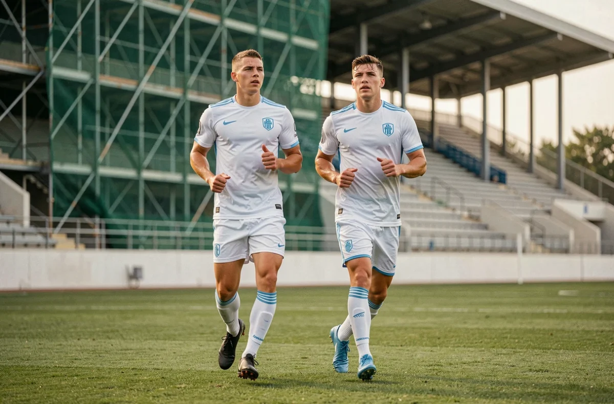 Jeunes joueurs du centre de formation de l'OM s'entraînant sur le terrain en 2026, avec les nouvelles infrastructures en arrière-plan