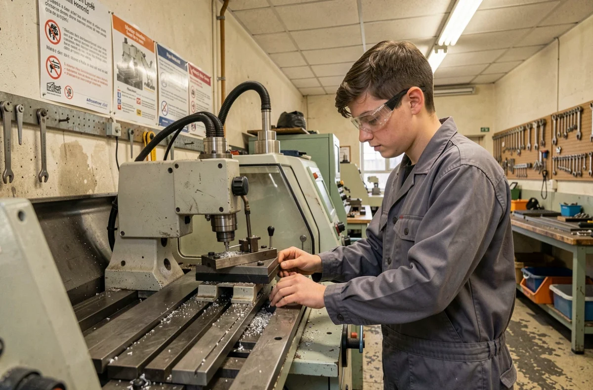 Élève en atelier technique au Lycée Henri Loritz de Nancy, travaillant sur une machine industrielle sous la supervision d'un formateur