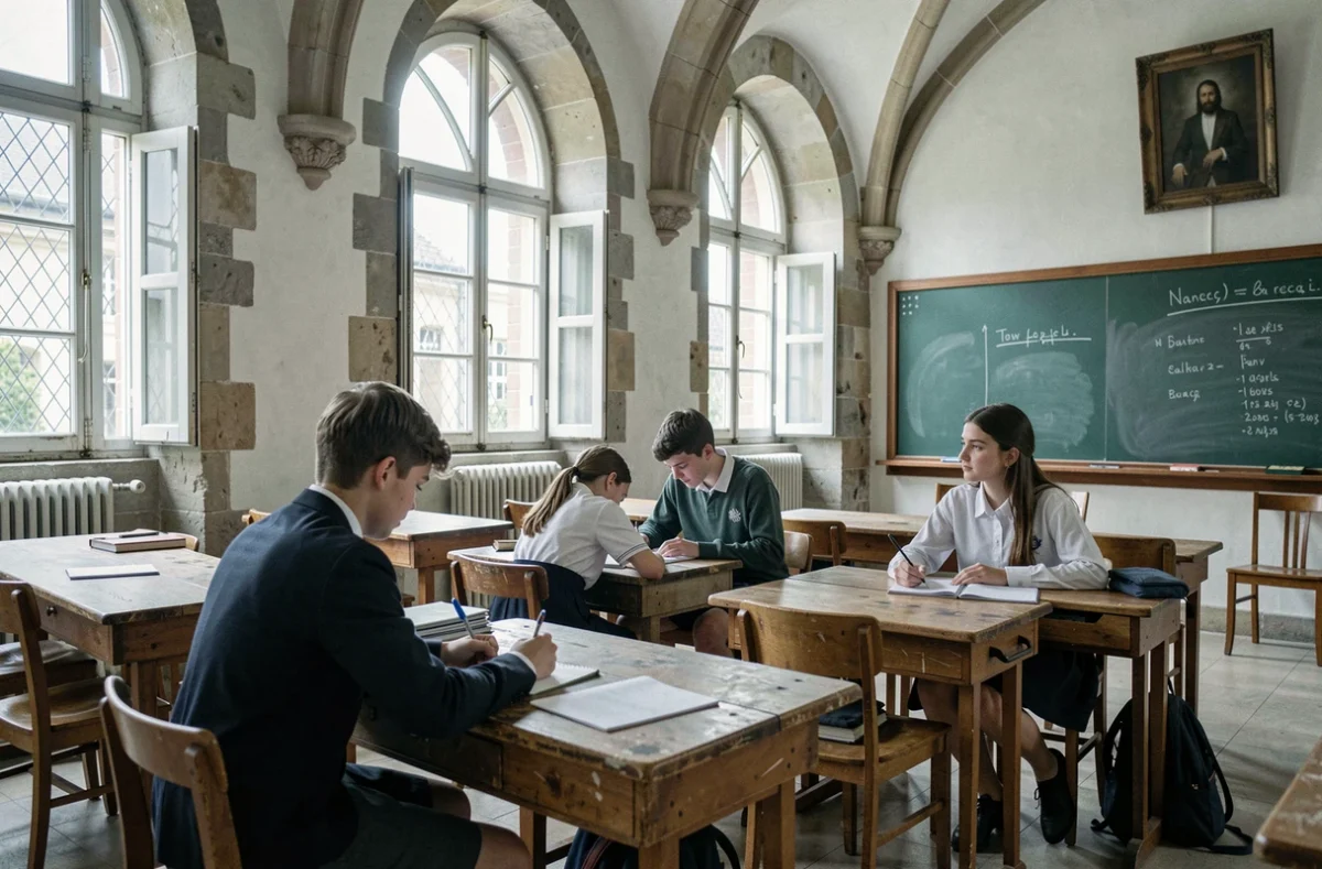 Élèves en cours dans une salle de classe historique du Lycée Saint-Léon IX à Nancy, établissement privé catholique