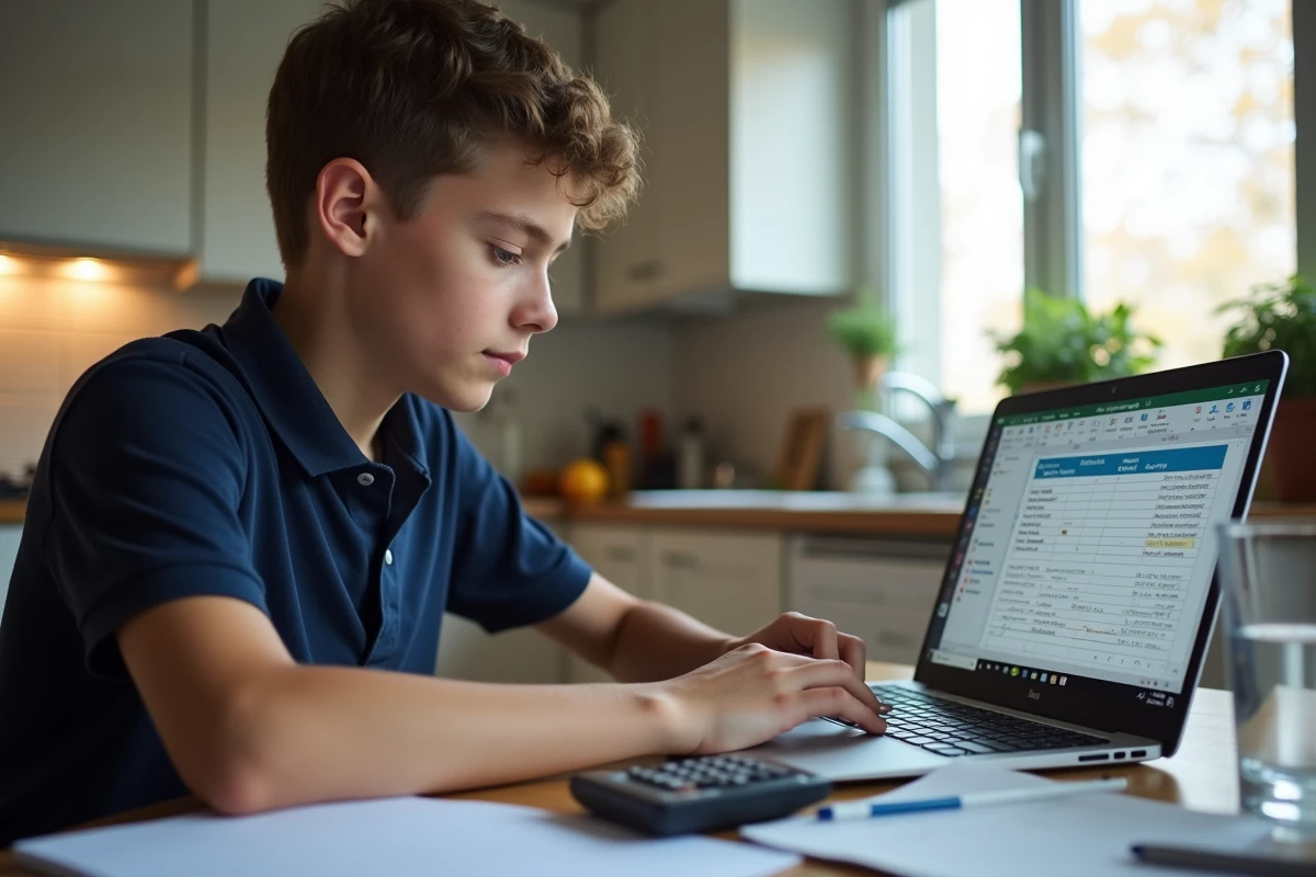 Lycéen utilisant un calculateur de moyenne sur ordinateur portable avec feuilles de notes et coefficients