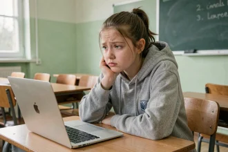 Lycéenne perplexe devant le quiz Onisep Quel métier sur son ordinateur en classe