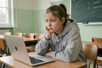 Lycéenne perplexe devant le quiz Onisep Quel métier sur son ordinateur en classe