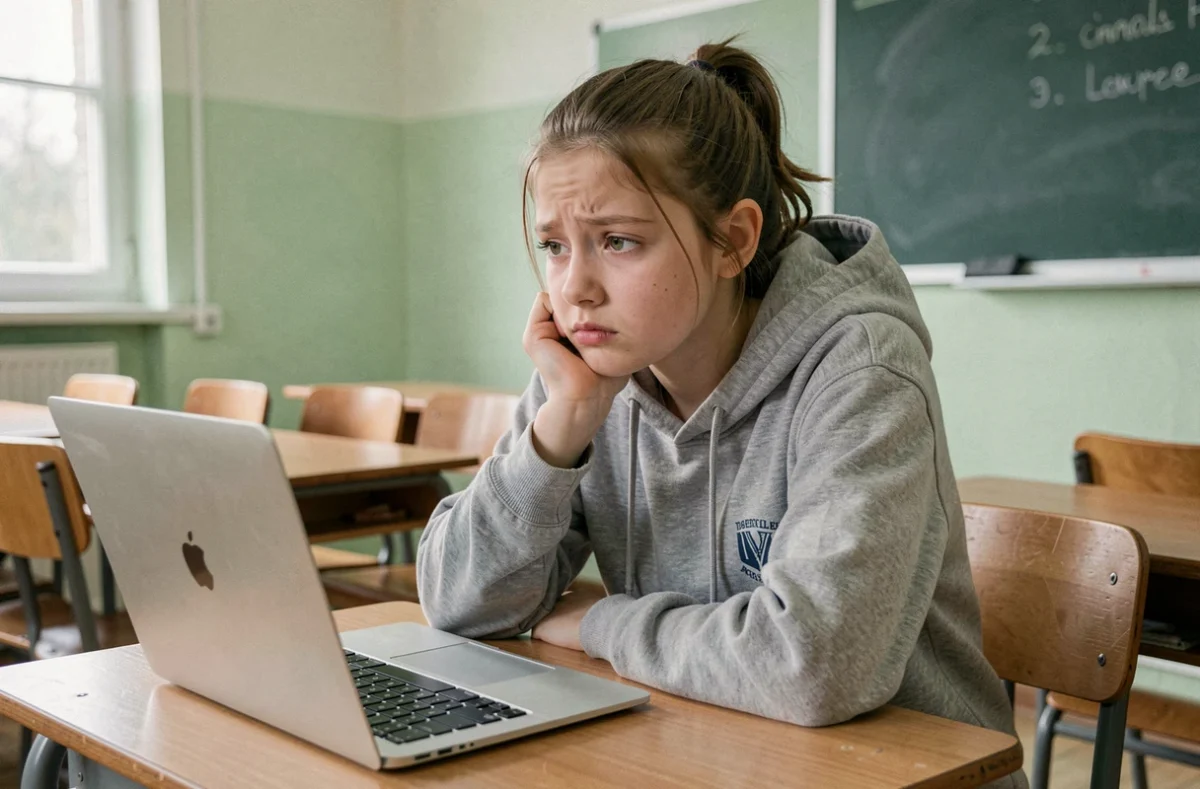 Lycéenne perplexe devant le quiz Onisep Quel métier sur son ordinateur en classe
