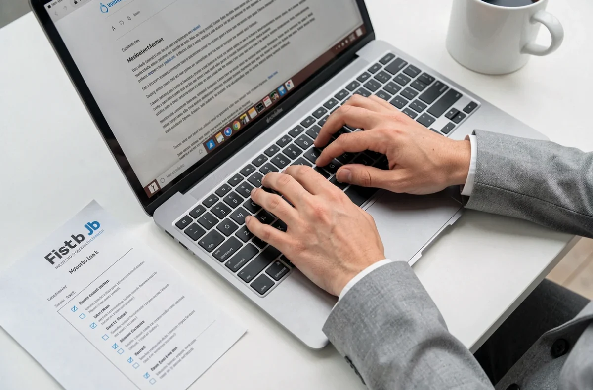 Gros plan de mains tapant une lettre de motivation simple sur un ordinateur avec une liste d'exemples posée sur un bureau épuré, idéal pour débutant
