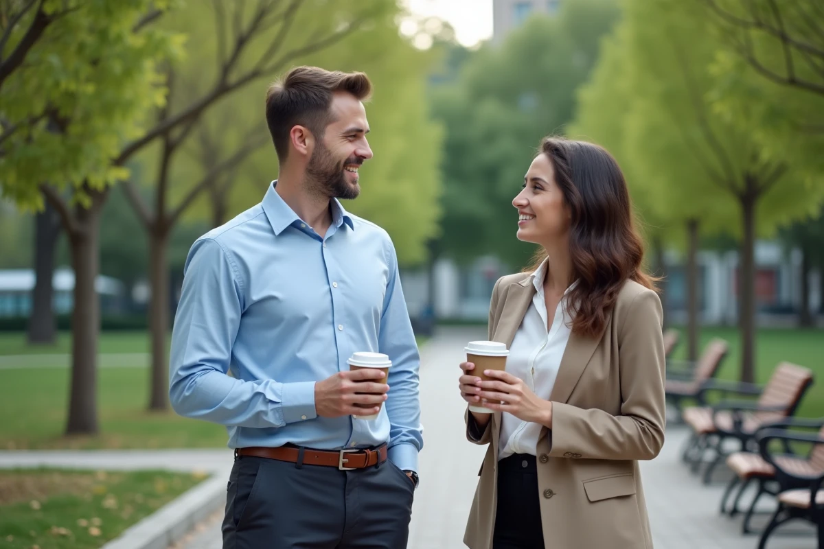 Manager en extérieur dans un parc urbain avec collègue